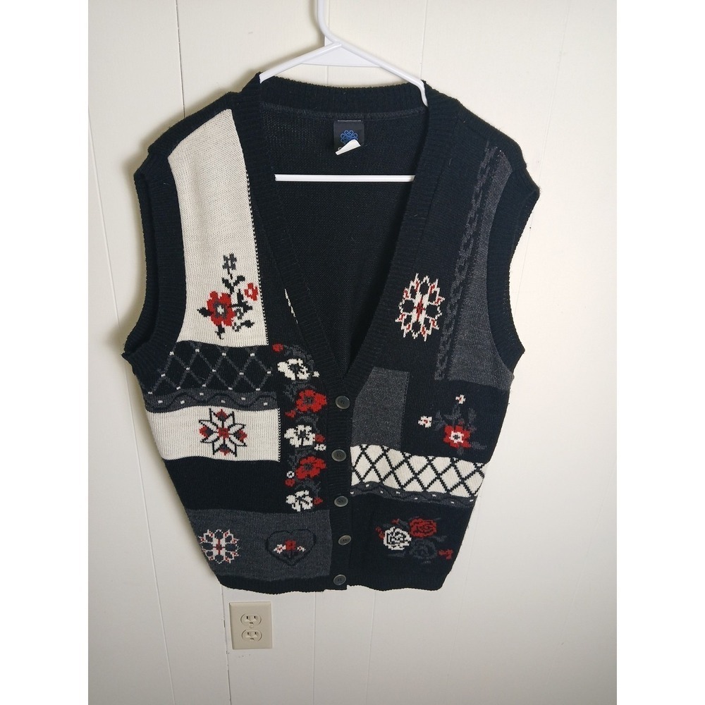 Vintage 90s PANTHER Sweater Vest Embroidery Flower Hearts Red Black Size Large